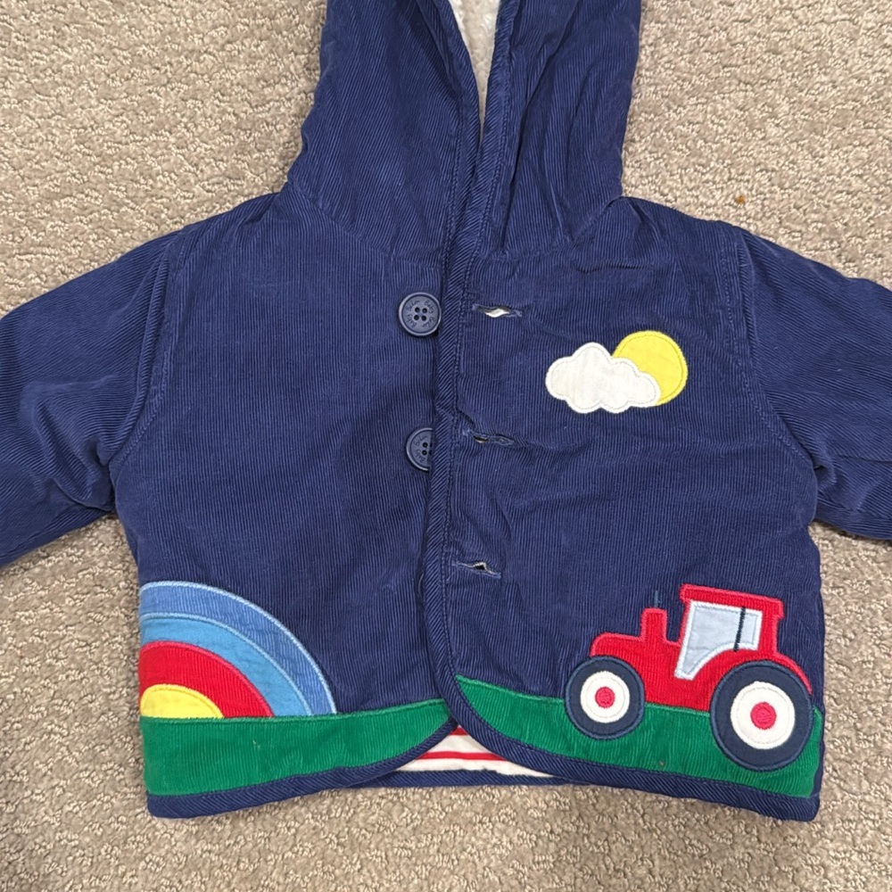 Mini Boden Blue Jacket with Tractor and Rainbow